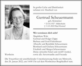 Traueranzeige von Gertrud Scheuermann von Fränkische Nachrichten