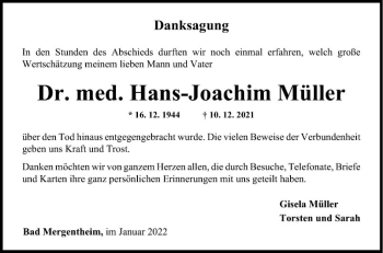 Traueranzeige von Hans-Joachim Müller von Fränkische Nachrichten