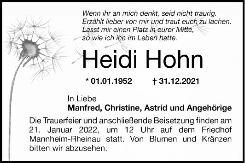  Traueranzeige für Heidi Hohn vom 15.01.2022 aus Mannheimer Morgen
