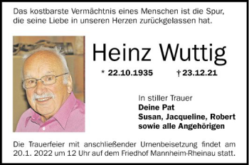Traueranzeige von Heinz Wuttig von Mannheimer Morgen
