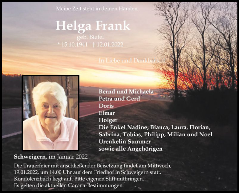  Traueranzeige für Helga Frank vom 17.01.2022 aus Fränkische Nachrichten