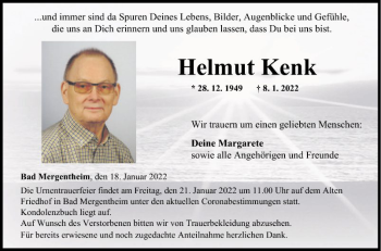 Traueranzeige von Helmut Kenk von Fränkische Nachrichten