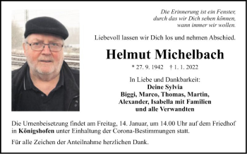Traueranzeige von Helmut Michelbach von Fränkische Nachrichten