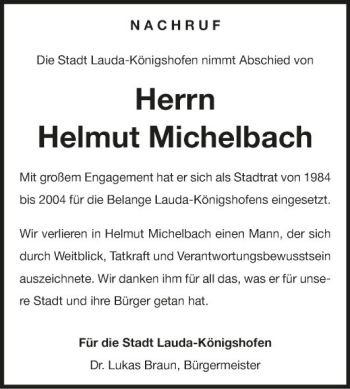 Traueranzeige von Helmut Michelbach von Fränkische Nachrichten