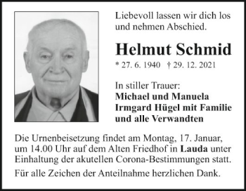 Traueranzeige von Helmut Schmid von Fränkische Nachrichten