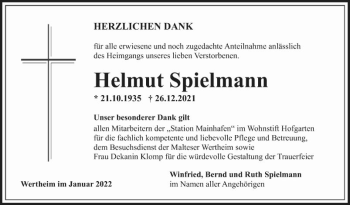 Traueranzeige von Helmut Spielmann von Fränkische Nachrichten