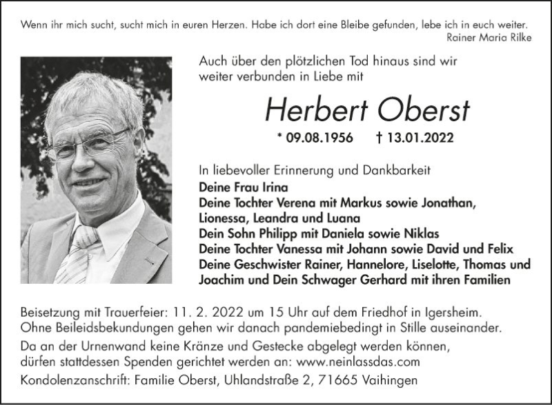  Traueranzeige für Herbert Oberst vom 29.01.2022 aus Fränkische Nachrichten