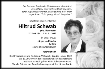 Traueranzeige von Hiltrud Schwab von Fränkische Nachrichten