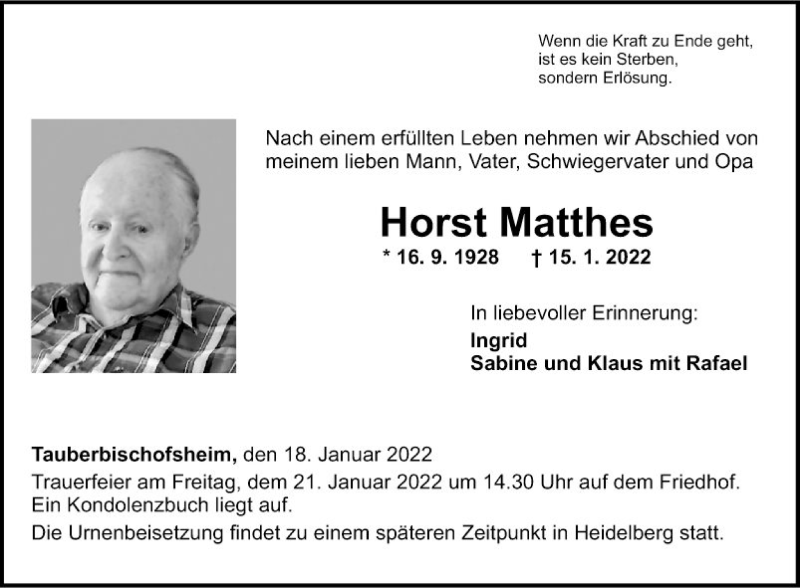  Traueranzeige für Horst Matthes vom 18.01.2022 aus Fränkische Nachrichten