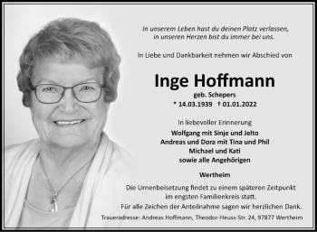 Traueranzeige von Inge Hoffmann von Fränkische Nachrichten