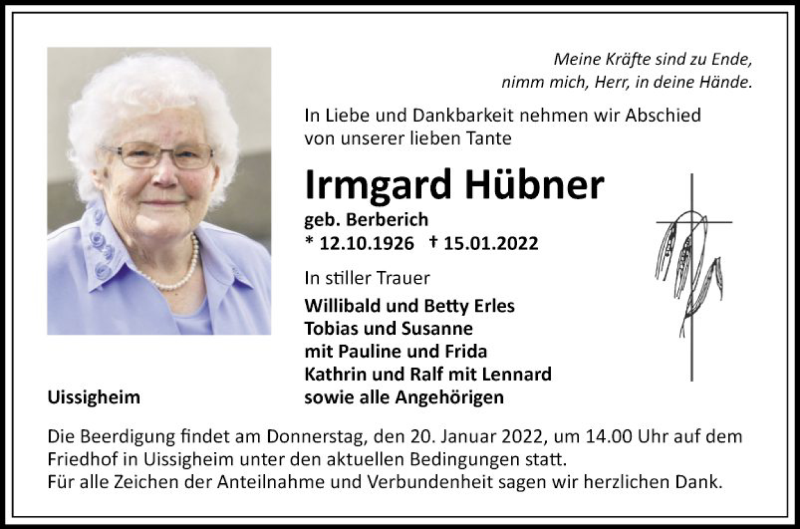  Traueranzeige für Irmgard Hübner vom 18.01.2022 aus Fränkische Nachrichten