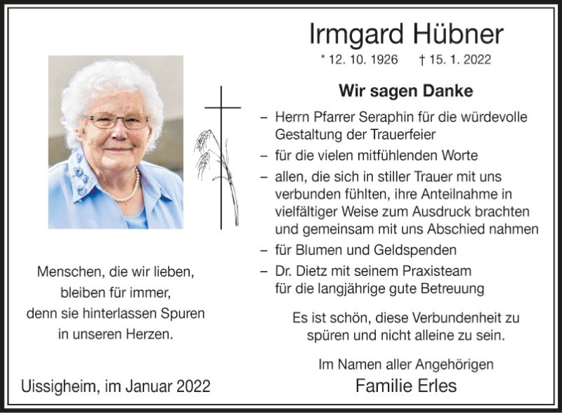  Traueranzeige für Irmgard Hübner vom 29.01.2022 aus Fränkische Nachrichten