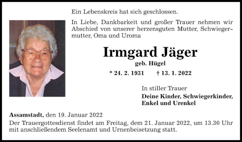  Traueranzeige für Irmgard Jäger vom 19.01.2022 aus Fränkische Nachrichten
