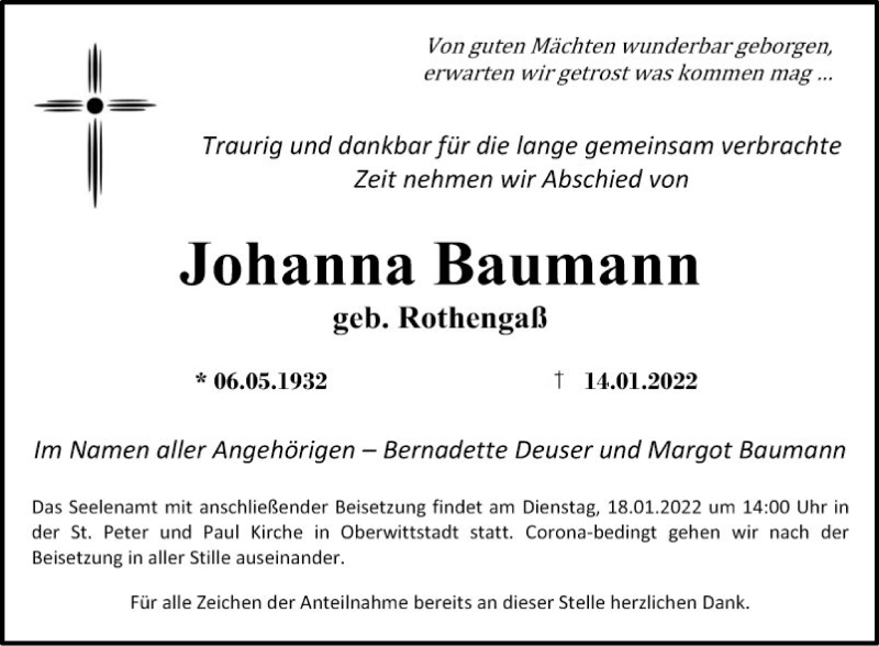  Traueranzeige für Johanna Baumann vom 18.01.2022 aus Fränkische Nachrichten