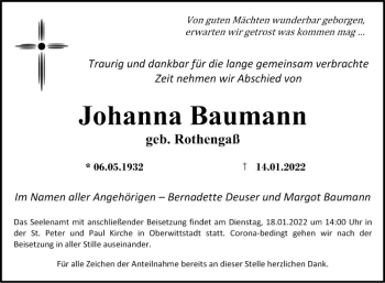 Traueranzeige von Johanna Baumann von Fränkische Nachrichten