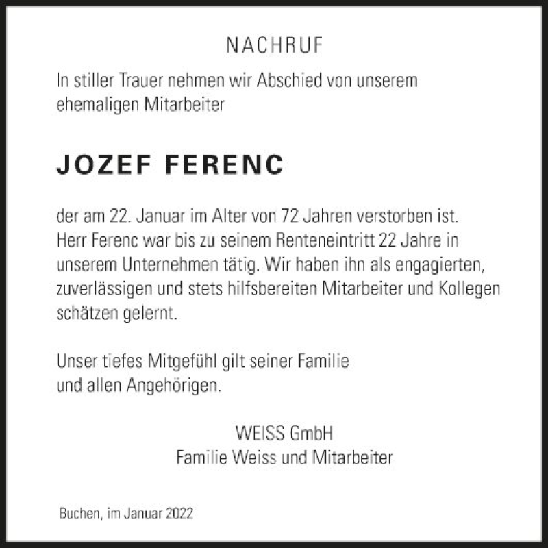  Traueranzeige für Jozef Ferenc vom 27.01.2022 aus Fränkische Nachrichten