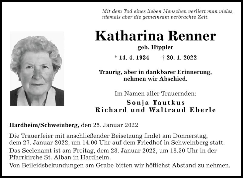 Traueranzeigen von Katharina Renner | Trauerportal Ihrer Tageszeitung