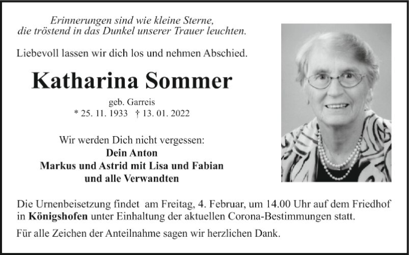  Traueranzeige für Katharina Sommer vom 29.01.2022 aus Fränkische Nachrichten