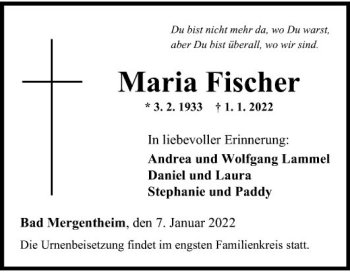 Traueranzeige von Maria Fischer von Fränkische Nachrichten