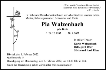 Traueranzeige von Pia Walzenbach von Fränkische Nachrichten
