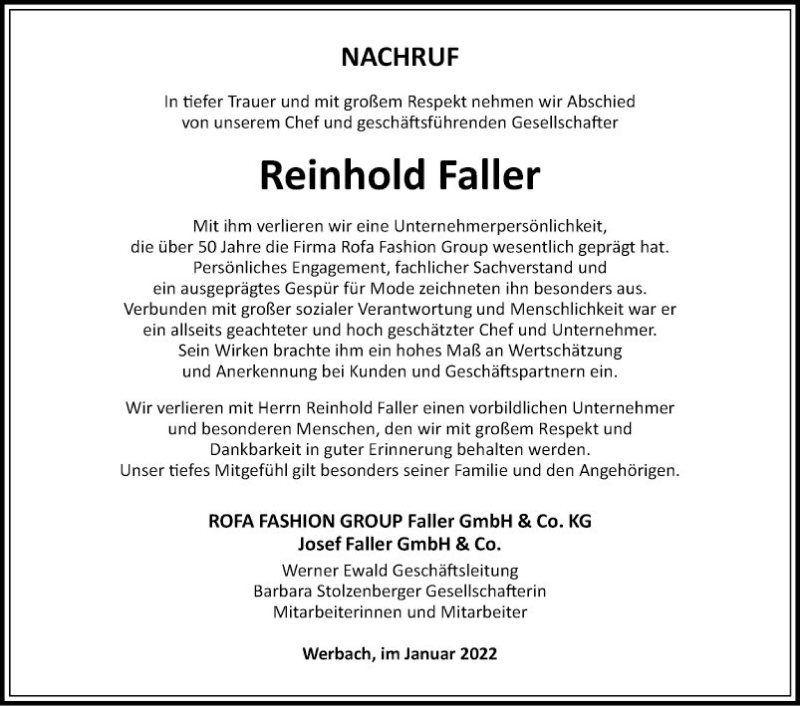  Traueranzeige für Reinhold Faller vom 21.01.2022 aus Fränkische Nachrichten