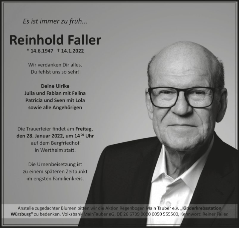  Traueranzeige für Reinhold Faller vom 21.01.2022 aus Fränkische Nachrichten