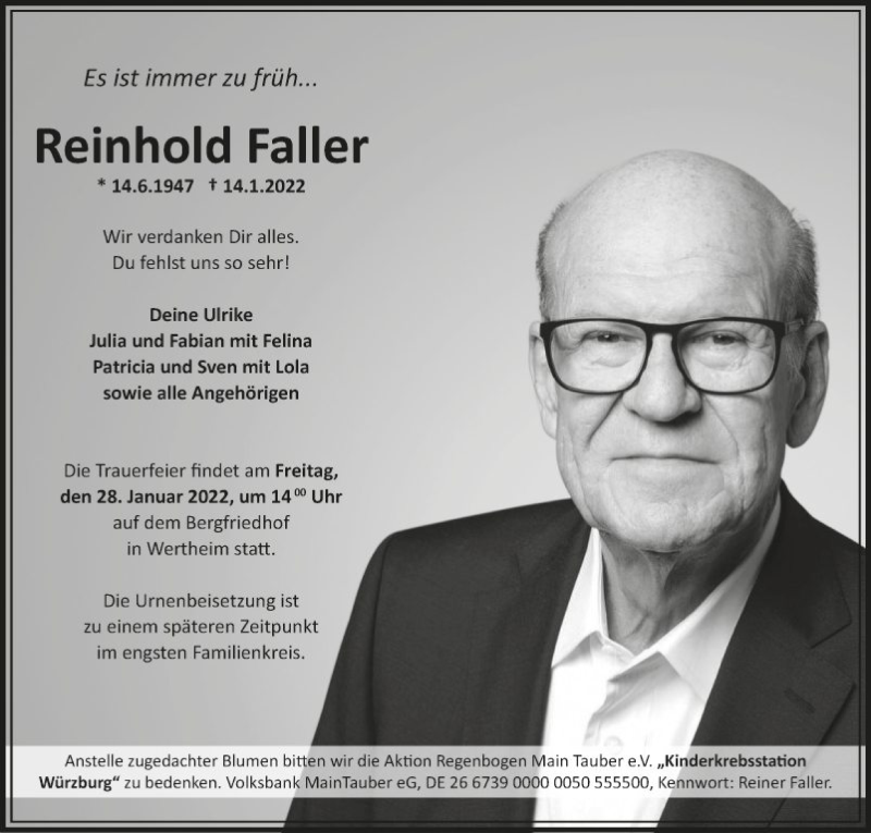  Traueranzeige für Reinhold Faller vom 27.01.2022 aus Fränkische Nachrichten