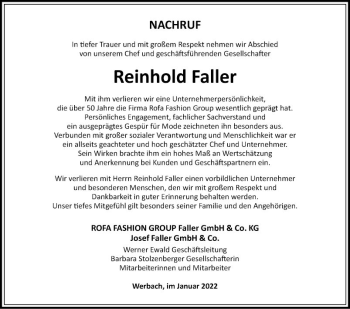 Traueranzeige von Reinhold Faller von Fränkische Nachrichten