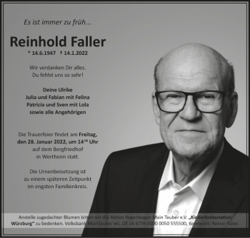 Traueranzeige von Reinhold Faller von Fränkische Nachrichten