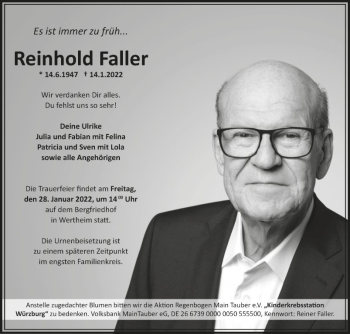 Traueranzeige von Reinhold Faller von Fränkische Nachrichten