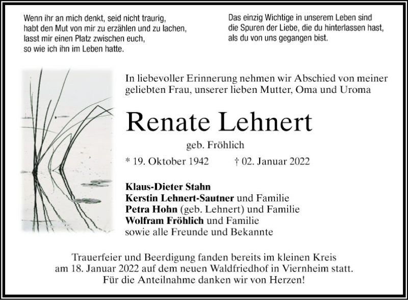  Traueranzeige für Renate Lehnert vom 22.01.2022 aus Mannheimer Morgen