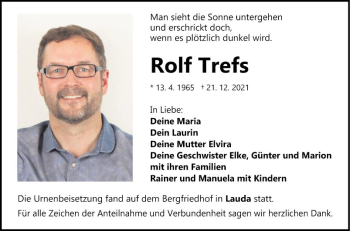 Traueranzeige von Rolf Trefs von Fränkische Nachrichten