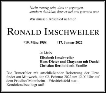 Traueranzeige von Ronald Imschweiler von Mannheimer Morgen