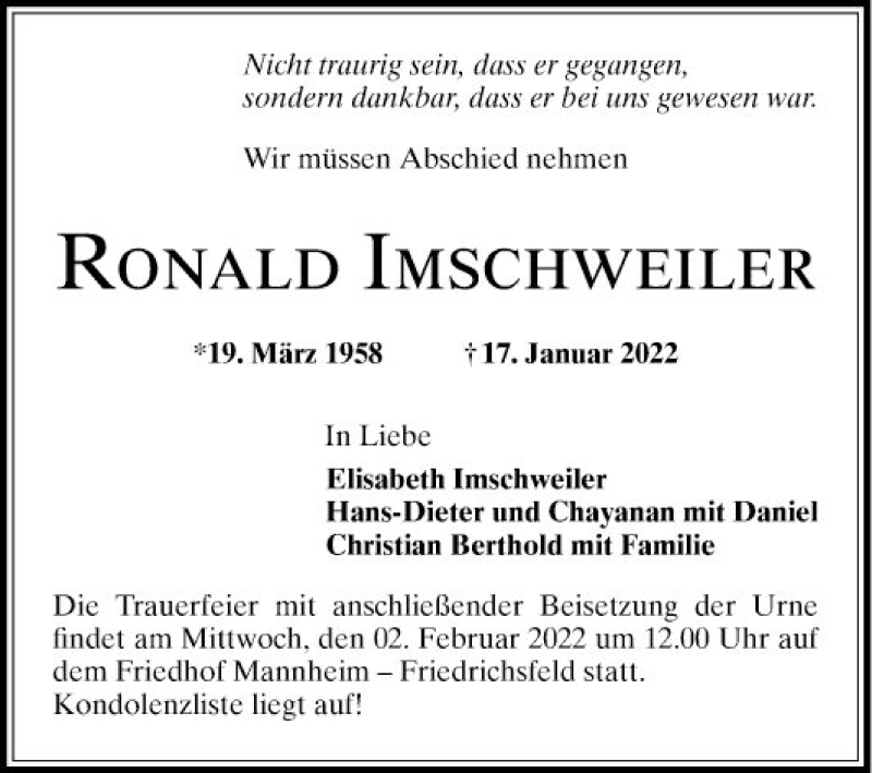  Traueranzeige für Ronald Imschweiler vom 29.01.2022 aus Mannheimer Morgen