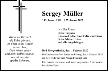 Traueranzeige von Sergey Müller von Fränkische Nachrichten