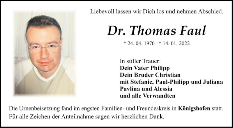  Traueranzeige für Thomas Faul vom 29.01.2022 aus Fränkische Nachrichten