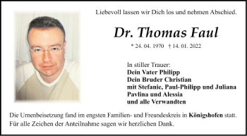 Traueranzeige von Thomas Faul von Fränkische Nachrichten