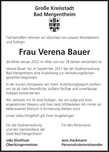 Traueranzeige von Verena Bauer von Fränkische Nachrichten