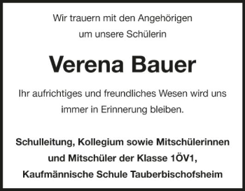 Traueranzeige von Verena Bauer von Fränkische Nachrichten
