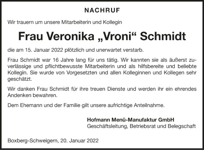  Traueranzeige für Veronika Schmidt vom 20.01.2022 aus Fränkische Nachrichten