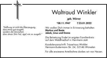 Traueranzeige von Waltraud Winkler von Südhessen Morgen