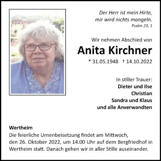 Traueranzeige von Anita Kirchner von Fränkische Nachrichten