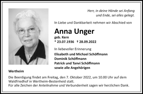 Traueranzeige von Anna Unger von Fränkische Nachrichten