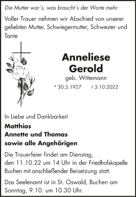 Traueranzeige von Anneliese Gerold von Fränkische Nachrichten