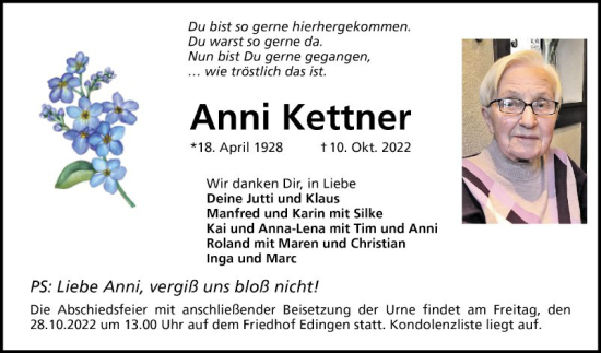 Traueranzeige von Anni Kettner von Mannheimer Morgen