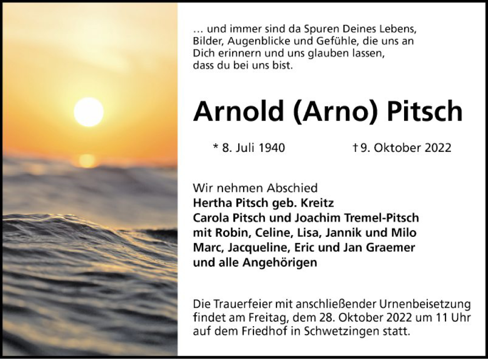  Traueranzeige für Arnold Pitsch vom 22.10.2022 aus Schwetzinger Zeitung