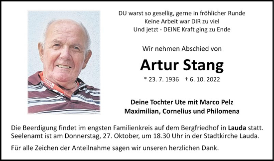 Traueranzeige von Artur Stang von Fränkische Nachrichten