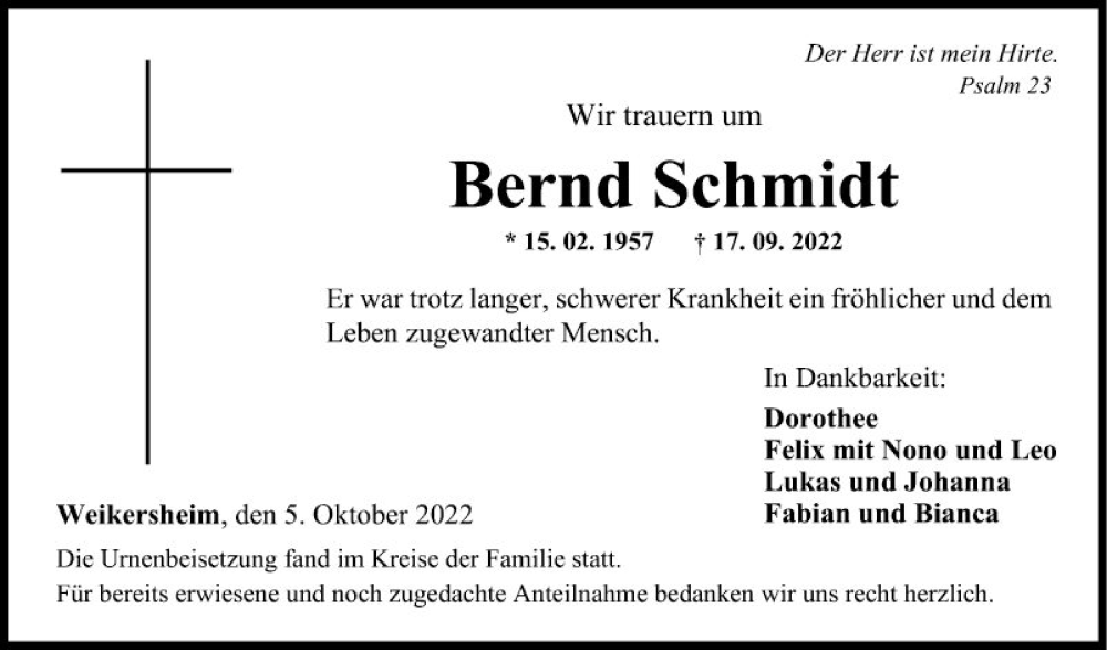  Traueranzeige für Bernd Schmidt vom 05.10.2022 aus Fränkische Nachrichten