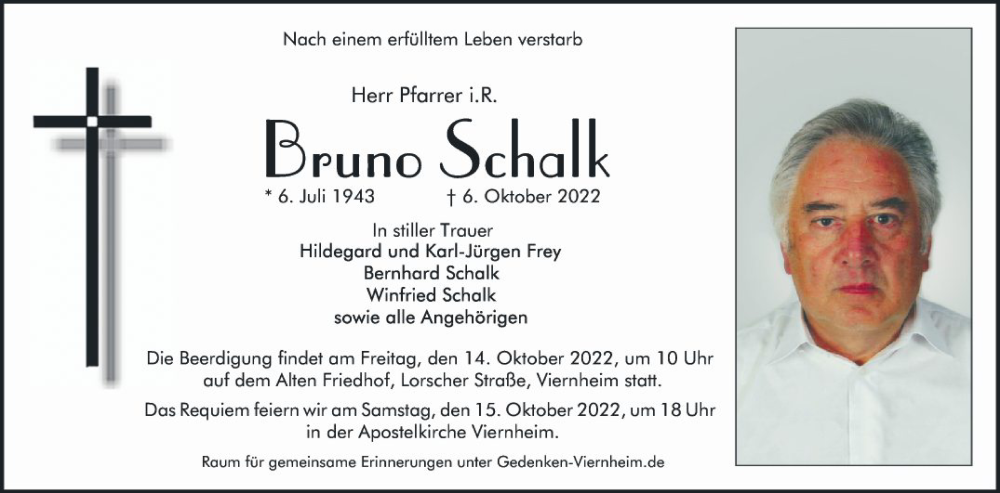  Traueranzeige für Brunno Schalk vom 08.10.2022 aus Mannheimer Morgen