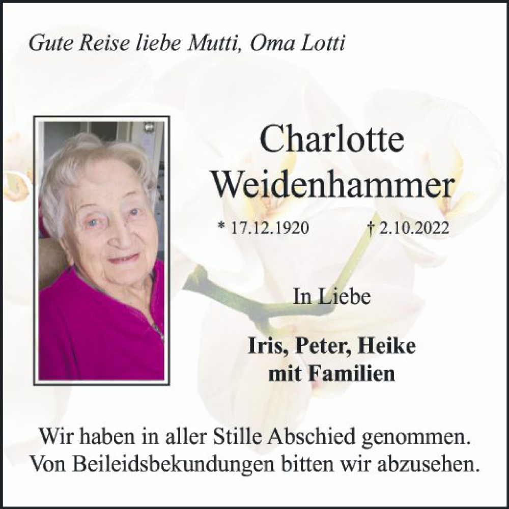  Traueranzeige für Charlotte Weidenhammer vom 08.10.2022 aus Mannheimer Morgen